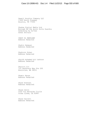 Case 13-13086-KG

Doc 1-4

Filed 11/22/13

Sewell Houston Company LLC
17805 North Freeway
Houston, TX 77090

Shadow Digital Media Ltd
Borough Rd the Acorn Suite Guardia
Godalming Sy Gu72ae
Great Britain

SHADY EL MANZLAWY
Address Redacted

Shahin Hedayat
Address Redacted

Shahrooz Kohan
Address Redacted

shaikh mohamed bin tahnoon
Address Redacted

Shainin Llc
715 Seafarers Way Ste 200
Anacortes, WA 98221

Shamir Naran
Address Redacted

Shane Brennan
Address Redacted

Shane Davis
5320 Via Bernardo Circle
Yorba Linda, CA 92887

Shane Garrett
Address Redacted

Page 555 of 669

 