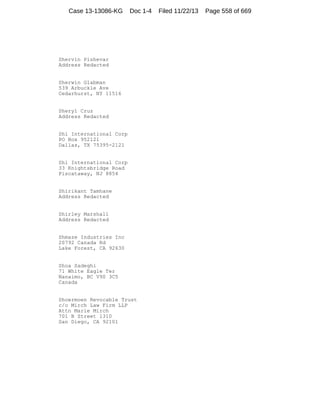 Case 13-13086-KG

Doc 1-4

Shervin Pishevar
Address Redacted

Sherwin Glabman
539 Arbuckle Ave
Cedarhurst, NY 11516

Sheryl Cruz
Address Redacted

Shi International Corp
PO Box 952121
Dallas, TX 75395-2121

Shi International Corp
33 Knightsbridge Road
Piscataway, NJ 8854

Shirikant Tamhane
Address Redacted

Shirley Marshall
Address Redacted

Shmaze Industries Inc
20792 Canada Rd
Lake Forest, CA 92630

Shoa Sadeghi
71 White Eagle Ter
Nanaimo, BC V9S 3C5
Canada

Shoermoen Revocable Trust
c/o Mirch Law Firm LLP
Attn Marie Mirch
701 B Street 1310
San Diego, CA 92101

Filed 11/22/13

Page 558 of 669

 