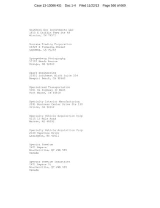 Case 13-13086-KG

Doc 1-4

Filed 11/22/13

Southern Eco Investments LLC
1810 E Griffin Pkwy Ste A4
Mission, TX 78572

Sovrana Trading Corporation
14928 S Figueroa Street
Gardena, CA 90248

Spangenberg Photography
11103 Meads Avenue
Orange, CA 92869

Spark Engineering
20301 Southwest Birch Suite 204
Newport Beach, CA 92660

Specialized Transportation
5001 Us Highway 30 West
Fort Wayne, IN 46818

Specialty Interior Manufacturing
2091 Business Center Drive Ste 130
Irvine, CA 92612

Specialty Vehicle Acquisition Corp
6115 13 Mile Road
Warren, MI 48092

Specialty Vehicle Acquisition Corp
2120 Capstone Drive
Lexington, KY 40511

Spectra Premium
1421 Ampere
Boucherville, QC J4B 5Z5
Canada

Spectra Premium Industries
1421 Ampere St
Boucherville, QC J4B 5Z5
Canada

Page 566 of 669

 