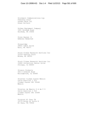 Case 13-13086-KG

Doc 1-4

Filed 11/22/13

Stockwell Communications Llp
Chancery Court
London Wc2a 1al
Great Britain

Stokes Equipment Company
1001 Horsham Road
Horsham, PA 19044

Stone Haynes Jr
Address Redacted

Stoneridge
28001 Cabot Drive
Novi, MI 48377

Stork Climax Research Services Inc
51229 Century Court
Wixom, MI 48393

Stork Climax Research Services Inc
15402 Collection Center Drive
Chicago, IL 60693

Stranco Products
650 S Schmidt Road
Bolingbrook, IL 60440

Strattec Ciudad Juarez Mexico
Calle Auxiliar 1 512
Ciudad Juarez CHI 32648
Mexico

Strattec de Mexico S A de C V
Calle Auxiliar 1 512
Ciudad Juarez CHI 32648
Mexico

Strattec El Paso TX
12170 Rojas Dr Suite E
El Paso, TX 79936

Page 581 of 669

 