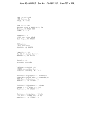 Case 13-13086-KG

Doc 1-4

Filed 11/22/13

TEK Corporation
450 Robbins Dr
Troy, MI 48083

TEK Optima Ltd
Brodyn house 6 Elderberry Dr
Dereham NK NR20 3ST
Great Britain

Tekexecs Llc
3565 Las Vegas Blvd
Las Vegas, NV 89109

TEKsystems
7437 Race Road
HANOVER, MD 21076

Tektronics Inc
Ms 50 295 Sales Support
Beaverton, OR 97077

Tendris B V
Address Redacted

Tenibac Graphion Inc
35155 Automation Drive
Clinton Township, MI 48035

Tennessee Department of Commerce
Insurance Motor Vehicle Commission
500 James Robertson Pkwy
Nashville, TN 37243-1153

Tennessee Department of State
James K Polk Bldg Ste 1800
Nashville, TN 37243-0306

Tennessee Secretary of State
312 Rosa L Parks Ave 5th Fl
Nashville, TN 37243-1102

Page 595 of 669

 