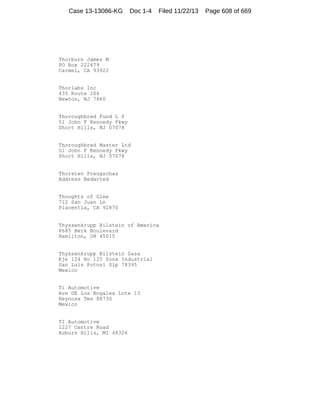 Case 13-13086-KG

Doc 1-4

Filed 11/22/13

Thorburn James M
PO Box 222479
Carmel, CA 93922

Thorlabs Inc
435 Route 206
Newton, NJ 7860

Thoroughbred Fund L P
51 John F Kennedy Pkwy
Short Hills, NJ 07078

Thoroughbred Master Ltd
51 John F Kennedy Pkwy
Short Hills, NJ 07078

Thorsten Preugschas
Address Redacted

Thoughts of Glee
712 San Juan Ln
Placentia, CA 92870

Thyssenkrupp Bilstein of America
8685 Berk Boulevard
Hamilton, OH 45015

Thyssenkrupp Bilstein Sasa
Eje 124 No 125 Zona Industrial
San Luis Potosi Slp 78395
Mexico

Ti Automotive
Ave DE Los Nogales Lote 13
Reynosa Tms 88730
Mexico

TI Automotive
1227 Centre Road
Auburn Hills, MI 48326

Page 608 of 669

 