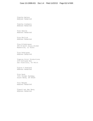 Case 13-13086-KG

Doc 1-4

Timothy Watson
Address Redacted

Timothy Ziehwein
Address Redacted

Tina Aguila
Address Redacted

Tina Ehrlich
Address Redacted

Tina M Rodriguez
442 W Saint Louis Street
Nashville, IL 62263

Tina Rodriguez
Address Redacted

Tipping Point Productions
219 Cortland Ave
San Francisco, CA 94110

Tipton F Rowland
Address Redacted

Tire Rack
7101 Vorden Parkway
South Bend, IN 46628

Tito Nguyen
Address Redacted

Tjeerd van den Berg
Address Redacted

Filed 11/22/13

Page 612 of 669

 