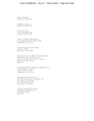 Case 13-13086-KG

Doc 1-4

Filed 11/22/13

Trae Vassallo
Address Redacted

Trammell Crow
Address Redacted

Trans Fx Inc
2361 Eastman Ave
Oxnard, CA 93030

Trans y Equip Mecanicos
c/o Transmission Tech Corp
PLYMOUTH, MI 48170

Transgroup International
Po Box 69207
Seattle, WA 98168

Transmisiones Y Equipos Mecanicos
Avenida 5 de Febrero 2115
Fracc Industrial Benito Juarez
Queretaro QA 76120
Mexico

Transmisiones Y Equipos Mecanicos S
Attn Robert A Neal
14700 Helm Court
Plymouth, MI 48170

Transworld Systems Inc
fka NCO Financial Systems Inc
re Fuses Unlimited
507 Prudential Rd
Horsham, PA 19044

Tratter Engineering At
Schweizerstrasse 96
Rankweil 6830
Austria

Page 619 of 669

 