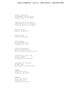 Case 13-13086-KG

Doc 1-4

Travel Connection
240 Newport Center Drive
Newport Beach, CA 92660

Travelers Service Center
1365 Garden of the Gods Rd
Colorado Springs, CO 80907

Travis Carter
Address Redacted

Travis King
Address Redacted

Travis King
4533 Fendyke Ave
Rosemead, CA 91770

Travis Richardson
26131 Avenida Deseo
Mission Viejo, CA 92691-3215

Treasurer of State Cat
PO Box 182857
Columbus, OH 43218-2857

Treasurer of Virginia
PO Box 7607
Merrifield, VA 22116-7607

TREMEC
14700 Helm Court
Plymouth, MI 48170

TREMEC
Attn Dave Hadley
14700 Helm Ct
Plymouth, MI 48170

Filed 11/22/13

Page 620 of 669

 
