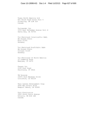 Case 13-13086-KG

Doc 1-4

Filed 11/22/13

Tuopu North America Ltd
821 Brock Road South Unit 5
Pickering, ON L1W 3L6
Canada

Turinmodel Inc
1533 East Mcfadden Avenue Unit E
Santa Ana, CA 92705

Tuv Rheinland Intertraffic Gmbh
Am Grauen Stein
Koln 51105
Germany

Tuv Rheinland Kraftfahrt Gmbh
Am Grauen Stein
Cologne 51105
Germany

Tuv Rheinland of North America
12 Commerce Road
Newtown, CT 6470

Tveyes Inc
2150 Post Road
Fairfield, CT 6824

TW Telecom
10475 Park Meadows Drive
Littleton, CO 80124

Twin Leaves Development Corp
4040 Mac Arthur Blvd
Newport Beach, CA 92660

Tyco Electronics
1643 South Parco Avenue
Ontario, ON A1A 1A0
Canada

Page 627 of 669

 