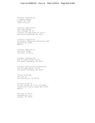 Case 13-13086-KG

Doc 1-4

Filed 11/22/13

Visteon Corporation
5 Canada Square
London E14 5AQ
Great Britain

Visteon Corporation
Attn Sam Khoury
One Village Ctr Dr
Visteon Village Bldg 25 3rd Fl
Van Buren Township, MI 48111

Visteon Corporation
Av Parque Industrial Monterrey 608
Apodaca NL 66600
Mexico

Visteon Corporation
Lock Box 70386
Chicago, IL 60673

Visteon Corporation
One Village Center Drive
Van Buren Township, MI 48111

Visteon Electronics Corporation
One Village Center Drive
Van Buren Township, MI 48111

Vitaly M Golomb
425 1st St
San Francisco, CA 94105

Vitrica Sa DE Cv
Av Del Parque No 5 Col Corredor
Industrial Toluca Lerma Mex 52004
Mexico

Vitrica Sa DE Cv
Guatemotzin 1217
Laredo, TX 78040

Page 643 of 669

 