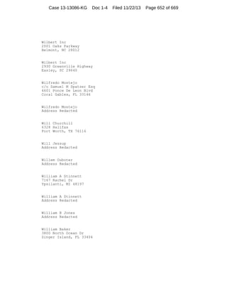 Case 13-13086-KG

Doc 1-4

Wilbert Inc
2001 Oaks Parkway
Belmont, NC 28012

Wilbert Inc
2930 Greenville Highway
Easley, SC 29640

Wilfredo Montejo
c/o Samuel M Spatzer Esq
4601 Ponce De Leon Blvd
Coral Gables, FL 33146

Wilfredo Montejo
Address Redacted

Will Churchill
6328 Halifax
Fort Worth, TX 76116

Will Jessup
Address Redacted

Willem Ouboter
Address Redacted

William A Stinnett
7167 Rachel Dr
Ypsilanti, MI 48197

William A Stinnett
Address Redacted

William B Jones
Address Redacted

William Baker
3800 North Ocean Dr
Singer Island, FL 33404

Filed 11/22/13

Page 652 of 669

 