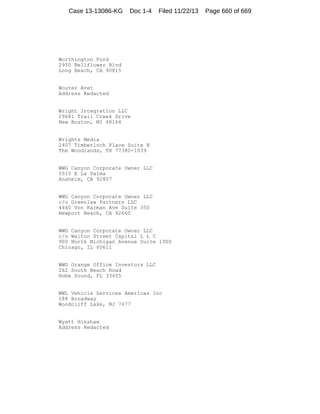 Case 13-13086-KG

Doc 1-4

Filed 11/22/13

Worthington Ford
2950 Bellflower Blvd
Long Beach, CA 90815

Wouter Avet
Address Redacted

Wright Integration LLC
29681 Trail Creek Drive
New Boston, MI 48164

Wrights Media
2407 Timberloch Place Suite B
The Woodlands, TX 77380-1039

WWG Canyon Corporate Owner LLC
5515 E La Palma
Anaheim, CA 92807

WWG Canyon Corporate Owner LLC
c/o Greenlaw Partners LLC
4440 Von Karman Ave Suite 350
Newport Beach, CA 92660

WWG Canyon Corporate Owner LLC
c/o Walton Street Capital L L C
900 North Michigan Avenue Suite 1900
Chicago, IL 60611

WWG Orange Office Investors LLC
262 South Beach Road
Hobe Sound, FL 33455

WWL Vehicle Services Americas Inc
188 Broadway
Woodcliff Lake, NJ 7677

Wyatt Hinshaw
Address Redacted

Page 660 of 669

 