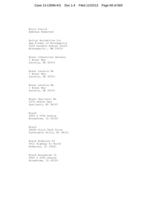 Case 13-13086-KG

Doc 1-4

Boris Tsurif
Address Redacted

Borton Automotive Inc
dba Fisker of Minneapolis
5428 Lyndale Avenue South
Minneapolis , MN 55419

Bosal Industries Georgia
1 Bosal Way
Lavonia, GA 30553

Bosal Lavonia GA
1 Bosal Way
Lavonia, GA 30553

Bosal Lovonia GA
1 Bosal Way
Lavonia, GA 30553

Bosal Ypsilanti MI
1476 Seaver Way
Ypsilanti, MI 48197

Bosch
2800 S 25Th Avenue
Broadview, IL 60155

Bosch
38000 Hills Tech Drive
Farmington Hills, MI 48331

Bosch Anderson SC
4421 Highway 81 North
Anderson, SC 29621

Bosch Broadview IL
2800 S 25Th Avenue
Broadview, IL 60155

Filed 11/22/13

Page 68 of 669

 