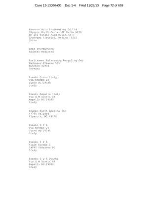 Case 13-13086-KG

Doc 1-4

Filed 11/22/13

Brannon Auto Engineering Co Ltd
Olympic North Center 2F Suite A258
No 201 TangLI Road Building 1
Chaoyang District, Bejing 10012
China

BREE STOYANOVICH
Address Redacted

Breitsamer Entsorgung Recycling Gmb
Dachauer Strasse 535
Munchen 80993
Germany

Brembo Curno Italy
VIA BREMBO 25
Curno BG 24035
Italy

Brembo Mapello Italy
Via G M Scotti 66
Mapello BG 24030
Italy

Brembo North America Inc
47765 Halyard
Plymouth, MI 48170

Brembo S P A
Via Brembo 25
Curno Bg 24035
Italy

Brembo S P A
Viale Europa 2
24040 Stezzano BG
Italy

Brembo S p A Dischi
Via G M Scotti 66
Mapello BG 24030
Italy

Page 72 of 669

 