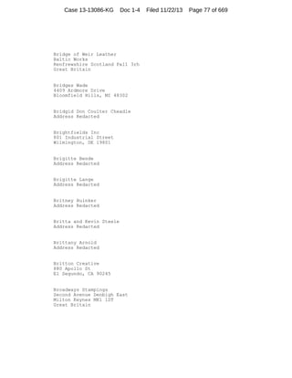 Case 13-13086-KG

Doc 1-4

Bridge of Weir Leather
Baltic Works
Renfrewshire Scotland Pa11 3rh
Great Britain

Bridges Wade
4409 Ardmore Drive
Bloomfield Hills, MI 48302

Bridgid Don Coulter Cheadle
Address Redacted

Brightfields Inc
801 Industrial Street
Wilmington, DE 19801

Brigitte Bende
Address Redacted

Brigitte Lange
Address Redacted

Britney Huinker
Address Redacted

Britta and Kevin Steele
Address Redacted

Brittany Arnold
Address Redacted

Britton Creative
880 Apollo St
El Segundo, CA 90245

Broadways Stampings
Second Avenue Denbigh East
Milton Keynes MK1 1DT
Great Britain

Filed 11/22/13

Page 77 of 669

 
