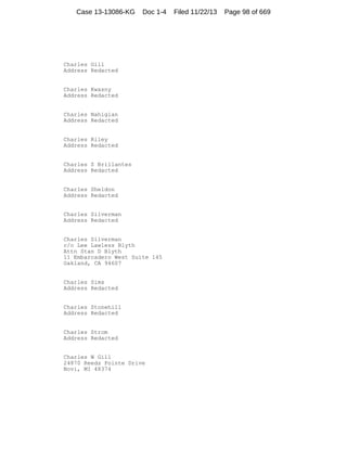 Case 13-13086-KG

Doc 1-4

Charles Gill
Address Redacted

Charles Kwasny
Address Redacted

Charles Nahigian
Address Redacted

Charles Riley
Address Redacted

Charles S Brillantes
Address Redacted

Charles Sheldon
Address Redacted

Charles Silverman
Address Redacted

Charles Silverman
c/o Lee Lawless Blyth
Attn Stan D Blyth
11 Embarcadero West Suite 145
Oakland, CA 94607

Charles Sims
Address Redacted

Charles Stonehill
Address Redacted

Charles Strom
Address Redacted

Charles W Gill
24870 Reeds Pointe Drive
Novi, MI 48374

Filed 11/22/13

Page 98 of 669

 