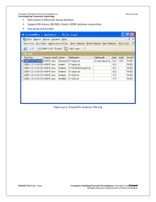 Computer Hacking Forensic Investigator v4 Exam 312-49
Investigating Corporate Espionage
Module XLI Page | 3629 Computer Hacking Forensic Investigator Copyright © by EC-Council
All Rights Reserved. Reproduction is Strictly Prohibited. 
 Data stored in Microsoft Access database
 Support MS Access, MS SQL, Oracle, ODBC database connections
 Icon grasp and transfer
Figure 40-3: Track4Win Analyzer- File Log
 