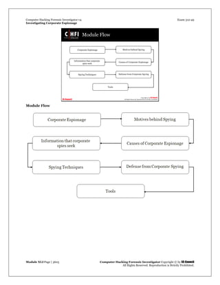 Computer Hacking Forensic Investigator v4 Exam 312-49
Investigating Corporate Espionage
Module XLI Page | 3605 Computer Hacking Forensic Investigator Copyright © by EC-Council
All Rights Reserved. Reproduction is Strictly Prohibited. 
Module Flow
 