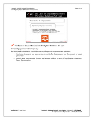 Computer Hacking Forensic Investigator v4 Exam 312-49
Investigating Sexual Harassment Incidents
Module XLIV Page | 3823 Computer Hacking Forensic Investigator Copyright © by EC-Council
All Rights Reserved. Reproduction is Strictly Prohibited.
 The Laws on Sexual Harassment: Workplace Relations Act 1996
Source: http://www.workplace.gov.au/
The Workplace Relations Act 1996 objectives regarding sexual harassment are as follows:
 Provisions in awards and agreements are not to be discriminatory on the grounds of sexual
preference
 Orders equal remuneration for men and women workers for work of equal value without sex-
based discrimination
 