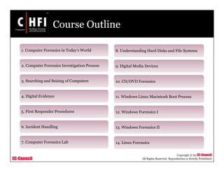 EC-Council
Copyright © by EC-Council
All Rights Reserved. Reproduction is Strictly Prohibited
Course Outline
1. Computer Forensics in Today’s World
2. Computer Forensics Investigation Process
3. Searching and Seizing of Computers
4. Digital Evidence
5. First Responder Procedures
6. Incident Handling
7. Computer Forensics Lab
8. Understanding Hard Disks and File Systems
9. Digital Media Devices
10. CD/DVD Forensics
11. Windows Linux Macintosh Boot Process
12. Windows Forensics I
13. Windows Forensics II
14. Linux Forensics
 