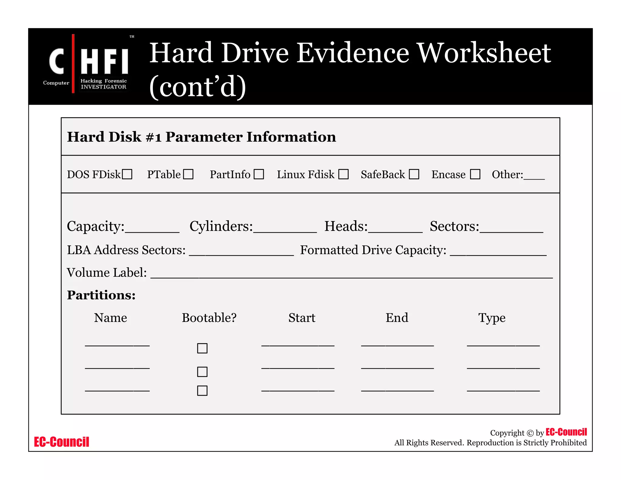 EC-Council
Copyright © by EC-Council
All Rights Reserved. Reproduction is Strictly Prohibited
Hard Drive Evidence Worksheet
(cont’d)
Hard Disk #1 Parameter Information
DOS FDisk PTable PartInfo Linux Fdisk SafeBack Encase Other:___
Capacity:______ Cylinders:_______ Heads:______ Sectors:_______
LBA Address Sectors: _____________ Formatted Drive Capacity: ____________
Volume Label: __________________________________________________
Partitions:
Name Bootable? Start End Type
________ _________ _________ _________
________ _________ _________ _________
________ _________ _________ _________
 
