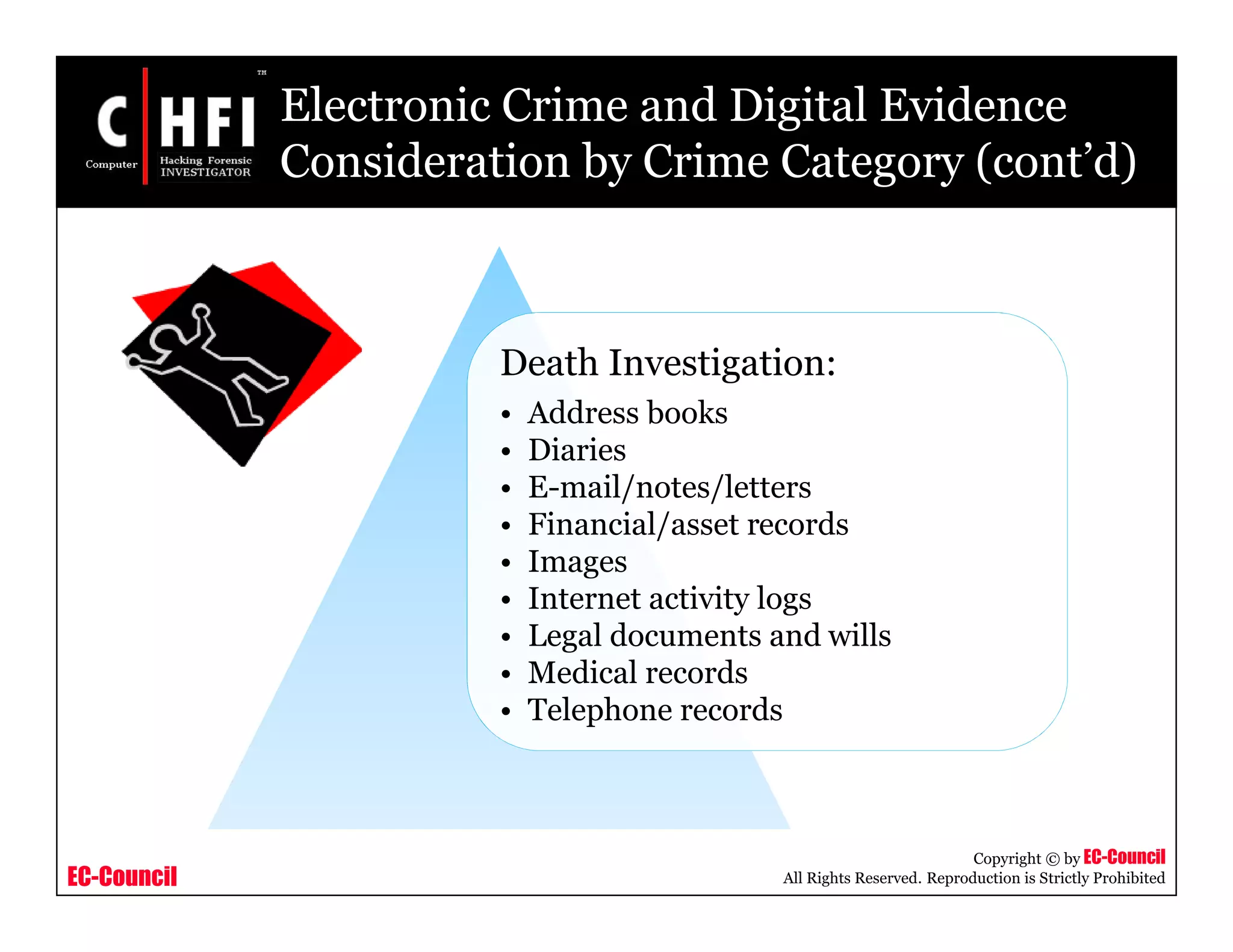 EC-Council
Copyright © by EC-Council
All Rights Reserved. Reproduction is Strictly Prohibited
Death Investigation:
• Address books
• Diaries
• E-mail/notes/letters
• Financial/asset records
• Images
• Internet activity logs
• Legal documents and wills
• Medical records
• Telephone records
Electronic Crime and Digital Evidence
Consideration by Crime Category (cont’d)
 