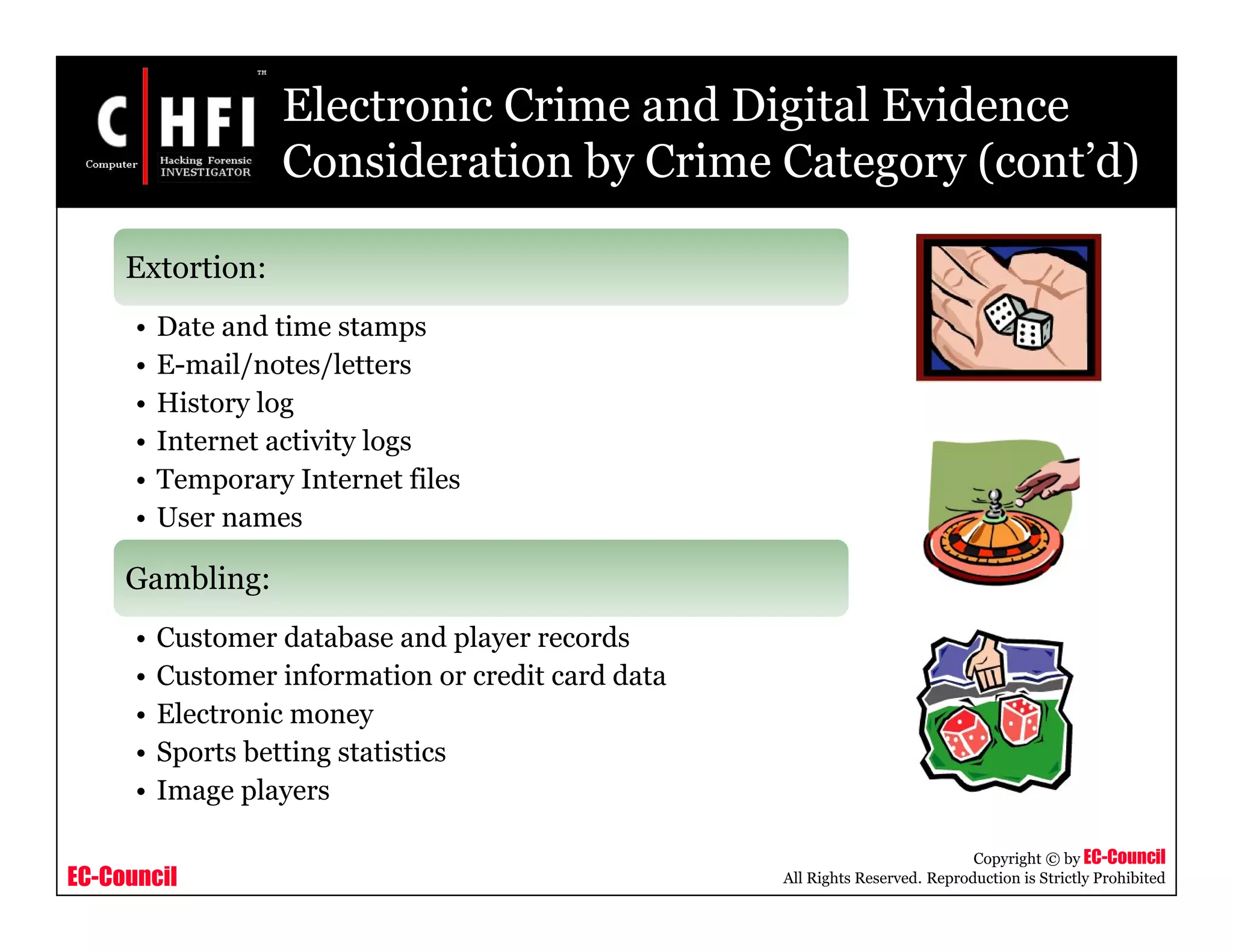 EC-Council
Copyright © by EC-Council
All Rights Reserved. Reproduction is Strictly Prohibited
Extortion:
• Date and time stamps
• E-mail/notes/letters
• History log
• Internet activity logs
• Temporary Internet files
• User names
Gambling:
• Customer database and player records
• Customer information or credit card data
• Electronic money
• Sports betting statistics
• Image players
Electronic Crime and Digital Evidence
Consideration by Crime Category (cont’d)
 