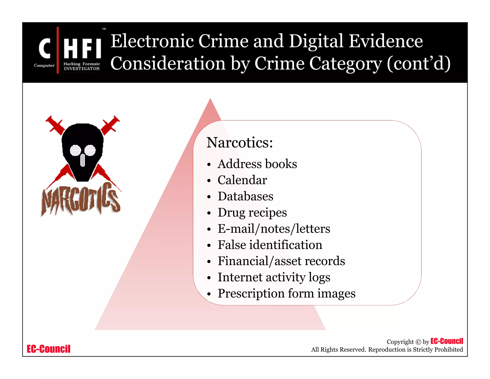 EC-Council
Copyright © by EC-Council
All Rights Reserved. Reproduction is Strictly Prohibited
Narcotics:
• Address books
• Calendar
• Databases
• Drug recipes
• E-mail/notes/letters
• False identification
• Financial/asset records
• Internet activity logs
• Prescription form images
Electronic Crime and Digital Evidence
Consideration by Crime Category (cont’d)
 