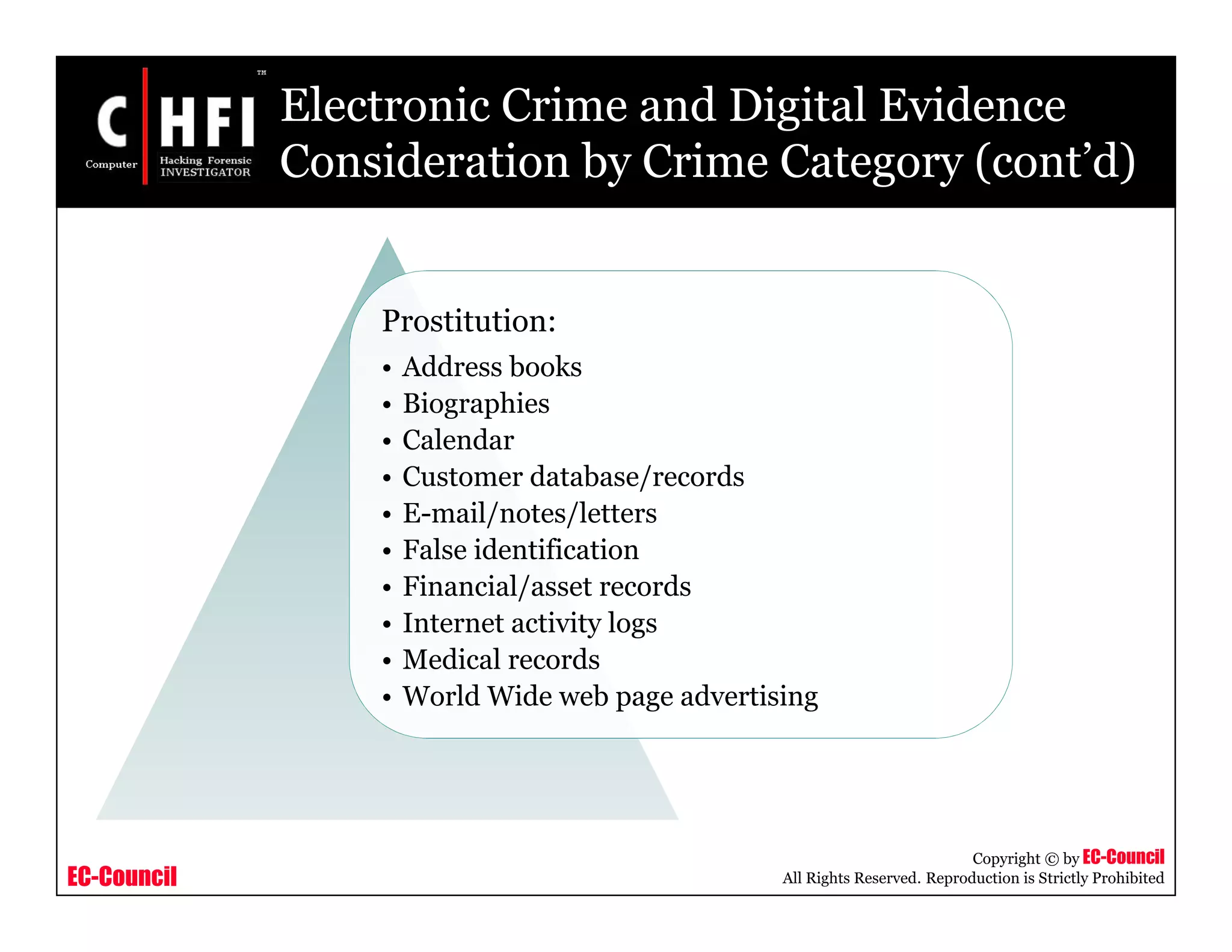 EC-Council
Copyright © by EC-Council
All Rights Reserved. Reproduction is Strictly Prohibited
Prostitution:
• Address books
• Biographies
• Calendar
• Customer database/records
• E-mail/notes/letters
• False identification
• Financial/asset records
• Internet activity logs
• Medical records
• World Wide web page advertising
Electronic Crime and Digital Evidence
Consideration by Crime Category (cont’d)
 