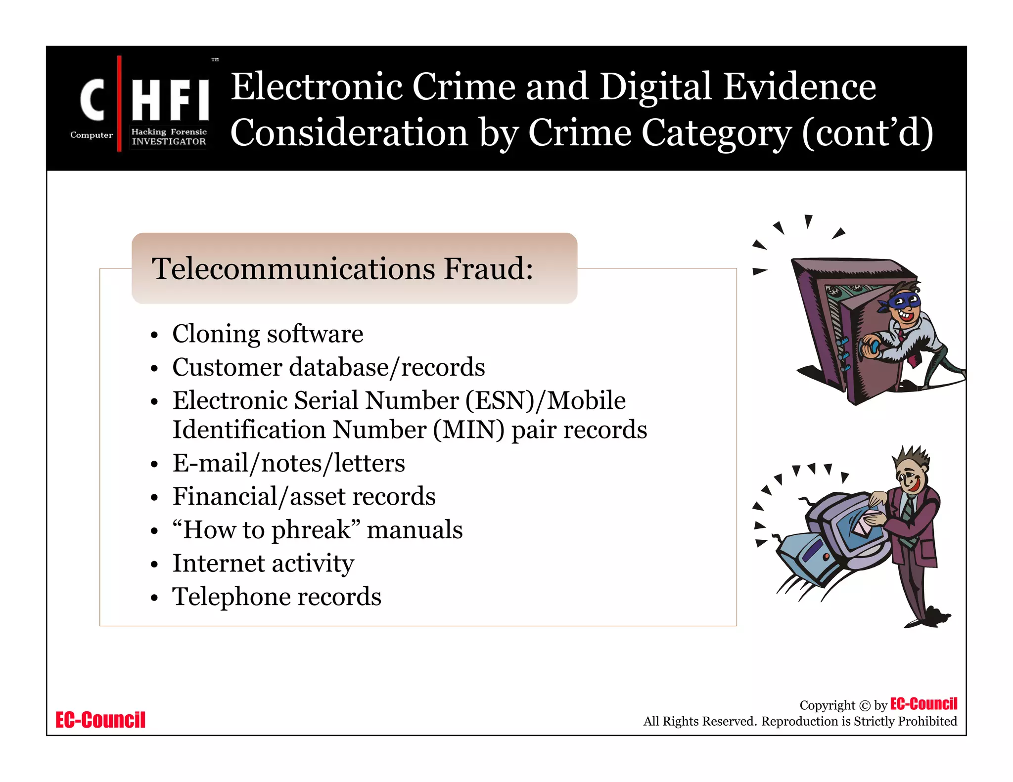 EC-Council
Copyright © by EC-Council
All Rights Reserved. Reproduction is Strictly Prohibited
• Cloning software
• Customer database/records
• Electronic Serial Number (ESN)/Mobile
Identification Number (MIN) pair records
• E-mail/notes/letters
• Financial/asset records
• “How to phreak” manuals
• Internet activity
• Telephone records
Telecommunications Fraud:
Electronic Crime and Digital Evidence
Consideration by Crime Category (cont’d)
 