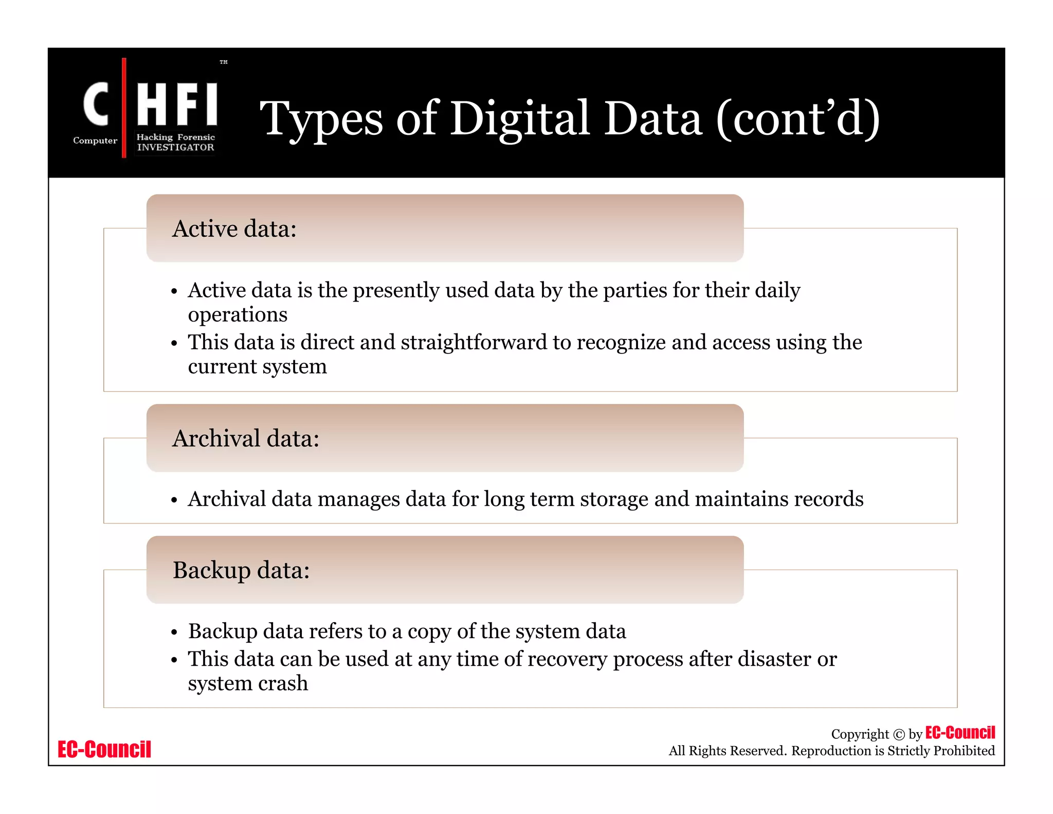 EC-Council
Copyright © by EC-Council
All Rights Reserved. Reproduction is Strictly Prohibited
Types of Digital Data (cont’d)
• Active data is the presently used data by the parties for their daily
operations
• This data is direct and straightforward to recognize and access using the
current system
Active data:
• Archival data manages data for long term storage and maintains records
Archival data:
• Backup data refers to a copy of the system data
• This data can be used at any time of recovery process after disaster or
system crash
Backup data:
 