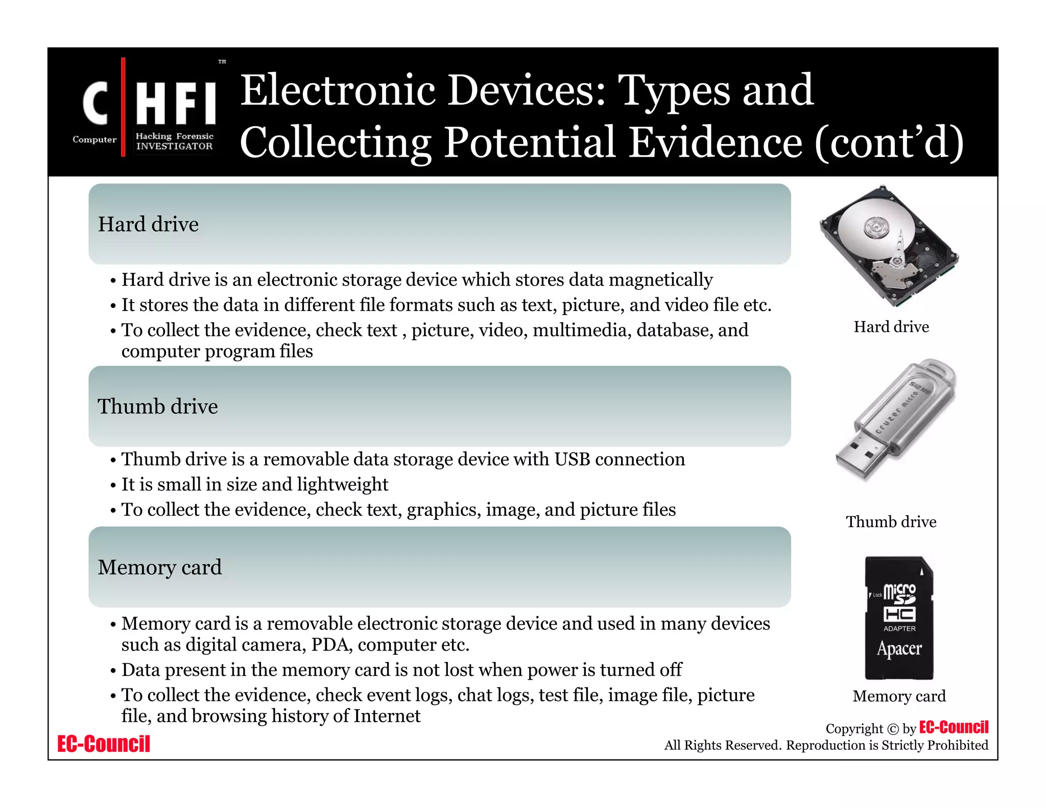 EC-Council
Copyright © by EC-Council
All Rights Reserved. Reproduction is Strictly Prohibited
Electronic Devices: Types and
Collecting Potential Evidence (cont’d)
Hard drive
• Hard drive is an electronic storage device which stores data magnetically
• It stores the data in different file formats such as text, picture, and video file etc.
• To collect the evidence, check text , picture, video, multimedia, database, and
computer program files
Thumb drive
• Thumb drive is a removable data storage device with USB connection
• It is small in size and lightweight
• To collect the evidence, check text, graphics, image, and picture files
Memory card
• Memory card is a removable electronic storage device and used in many devices
such as digital camera, PDA, computer etc.
• Data present in the memory card is not lost when power is turned off
• To collect the evidence, check event logs, chat logs, test file, image file, picture
file, and browsing history of Internet
Hard drive
Thumb drive
Memory card
 