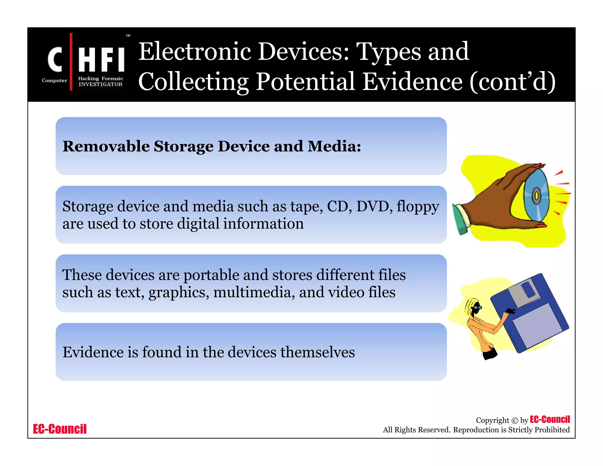 EC-Council
Copyright © by EC-Council
All Rights Reserved. Reproduction is Strictly Prohibited
Electronic Devices: Types and
Collecting Potential Evidence (cont’d)
Removable Storage Device and Media:
Storage device and media such as tape, CD, DVD, floppy
are used to store digital information
These devices are portable and stores different files
such as text, graphics, multimedia, and video files
Evidence is found in the devices themselves
 