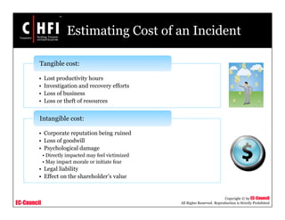 EC-Council
Copyright © by EC-Council
All Rights Reserved. Reproduction is Strictly Prohibited
Estimating Cost of an Incident
• Lost productivity hours
• Investigation and recovery efforts
• Loss of business
• Loss or theft of resources
Tangible cost:
• Corporate reputation being ruined
• Loss of goodwill
• Psychological damage
• Directly impacted may feel victimized
• May impact morale or initiate fear
• Legal liability
• Effect on the shareholder’s value
Intangible cost:
 