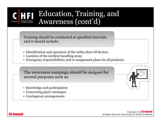 EC-Council
Copyright © by EC-Council
All Rights Reserved. Reproduction is Strictly Prohibited
Education, Training, and
Awareness (cont’d)
• Identification and operation of the utility shut-off devices
• Location of the incident handling areas
• Emergency responsibilities and re-assignment plans for all positions
Training should be conducted at specified intervals,
and it should include:
• Knowledge and participation
• Concerning plan's strategies
• Contingency arrangements
The awareness campaign should be designed for
several purposes such as:
 
