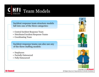 EC-Council
Copyright © by EC-Council
All Rights Reserved. Reproduction is Strictly Prohibited
Team Models
• Central Incident Response Team
• Distributed Incident Response Teams
• Coordinating Team
Incident response team structure models
fall into one of the three categories:
• Employees
• Partially Outsourced
• Fully Outsourced
Incident response teams can also use any
of the three staffing models:
 