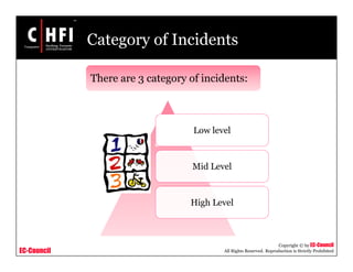 EC-Council
Copyright © by EC-Council
All Rights Reserved. Reproduction is Strictly Prohibited
Category of Incidents
Low level
Mid Level
High Level
There are 3 category of incidents:
 