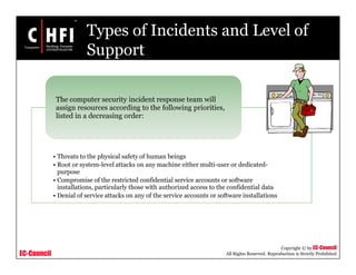 EC-Council
Copyright © by EC-Council
All Rights Reserved. Reproduction is Strictly Prohibited
• Threats to the physical safety of human beings
• Root or system-level attacks on any machine either multi-user or dedicated-
purpose
• Compromise of the restricted confidential service accounts or software
installations, particularly those with authorized access to the confidential data
• Denial of service attacks on any of the service accounts or software installations
The computer security incident response team will
assign resources according to the following priorities,
listed in a decreasing order:
Types of Incidents and Level of
Support
 