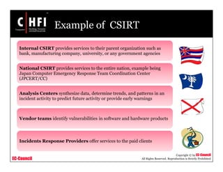 EC-Council
Copyright © by EC-Council
All Rights Reserved. Reproduction is Strictly Prohibited
Example of CSIRT
Internal CSIRT provides services to their parent organization such as
bank, manufacturing company, university, or any government agencies
National CSIRT provides services to the entire nation, example being
Japan Computer Emergency Response Team Coordination Center
(JPCERT/CC)
Analysis Centers synthesize data, determine trends, and patterns in an
incident activity to predict future activity or provide early warnings
Vendor teams identify vulnerabilities in software and hardware products
Incidents Response Providers offer services to the paid clients
 