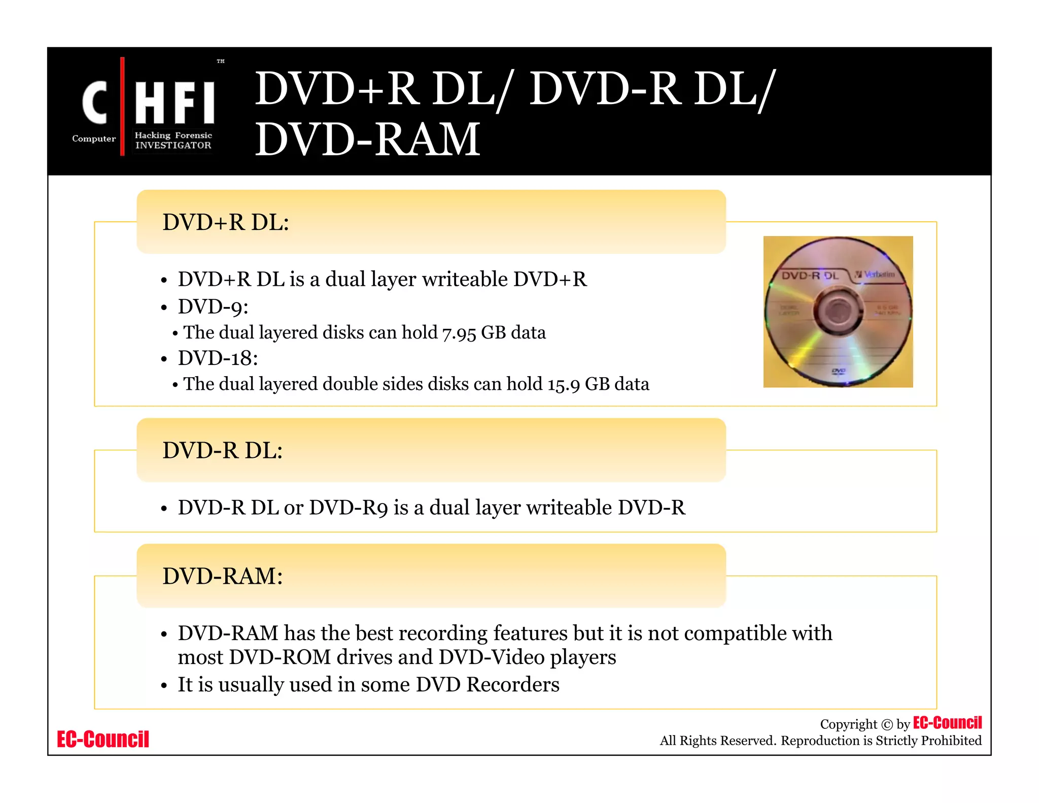 EC-Council
Copyright © by EC-Council
All Rights Reserved. Reproduction is Strictly Prohibited
DVD+R DL/ DVD-R DL/
DVD-RAM
• DVD+R DL is a dual layer writeable DVD+R
• DVD-9:
• The dual layered disks can hold 7.95 GB data
• DVD-18:
• The dual layered double sides disks can hold 15.9 GB data
DVD+R DL:
• DVD-R DL or DVD-R9 is a dual layer writeable DVD-R
DVD-R DL:
• DVD-RAM has the best recording features but it is not compatible with
most DVD-ROM drives and DVD-Video players
• It is usually used in some DVD Recorders
DVD-RAM:
 