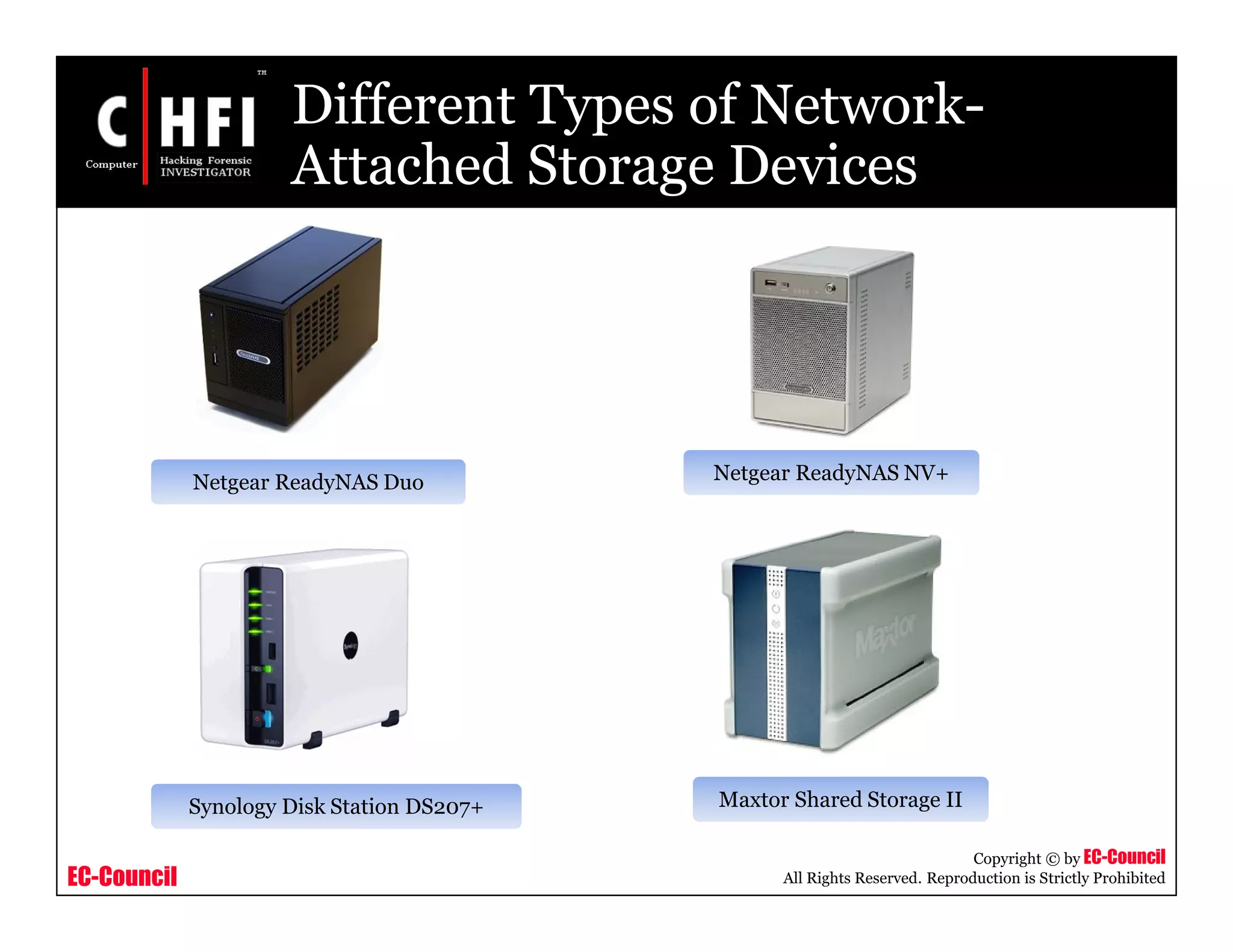 EC-Council
Copyright © by EC-Council
All Rights Reserved. Reproduction is Strictly Prohibited
Different Types of Network-
Attached Storage Devices
Netgear ReadyNAS Duo Netgear ReadyNAS NV+
Synology Disk Station DS207+ Maxtor Shared Storage II
 