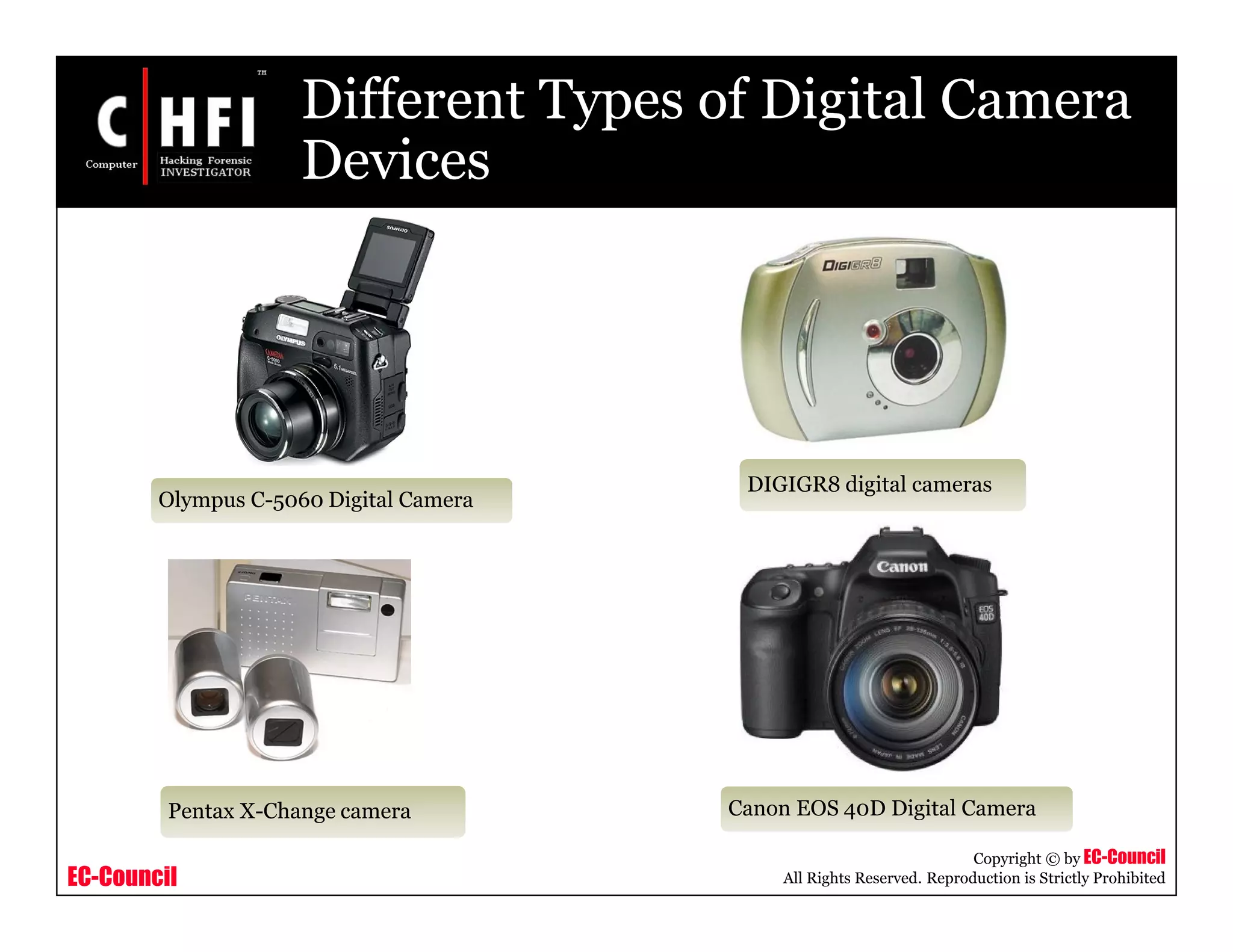 EC-Council
Copyright © by EC-Council
All Rights Reserved. Reproduction is Strictly Prohibited
Different Types of Digital Camera
Devices
Olympus C-5060 Digital Camera
DIGIGR8 digital cameras
Pentax X-Change camera Canon EOS 40D Digital Camera
 