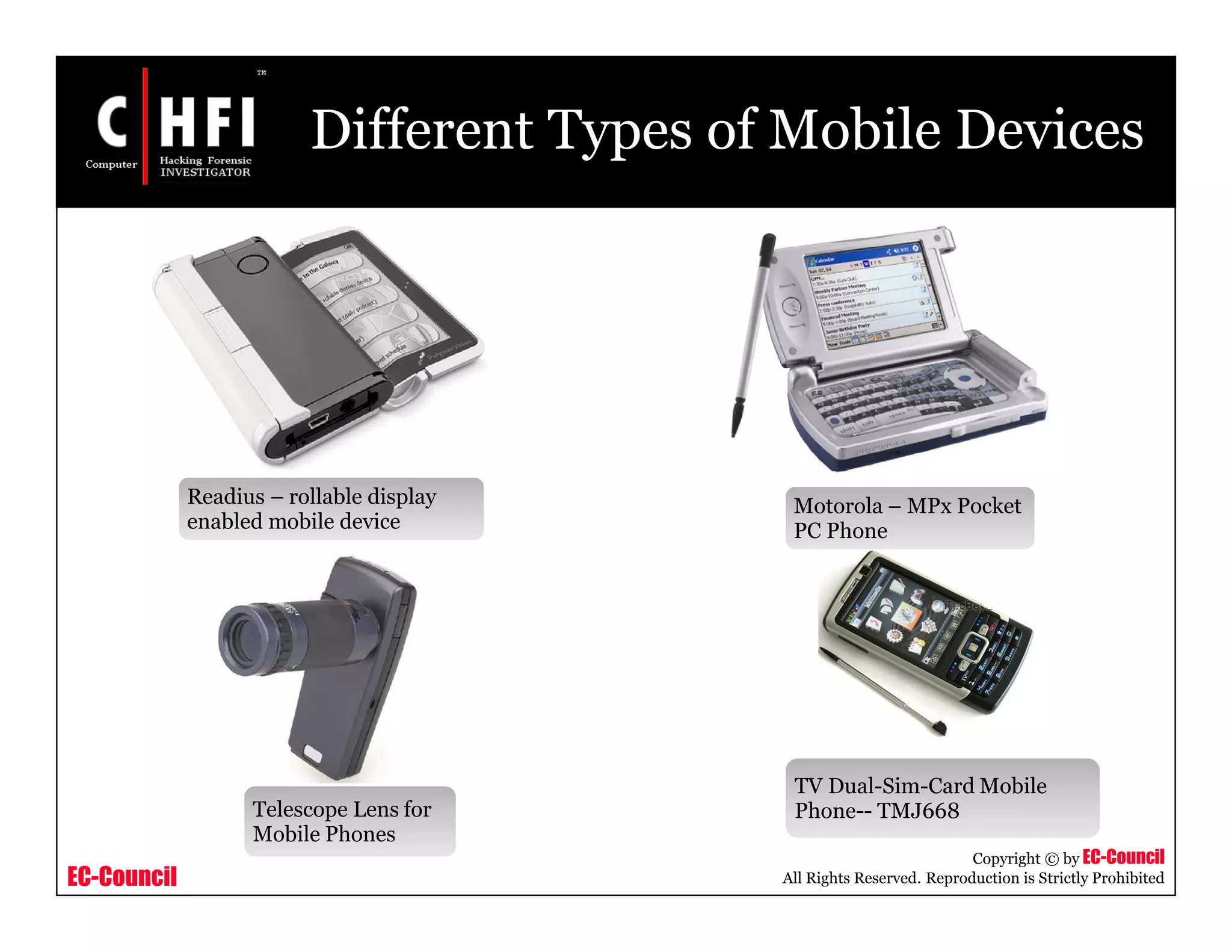 EC-Council
Copyright © by EC-Council
All Rights Reserved. Reproduction is Strictly Prohibited
Different Types of Mobile Devices
Readius – rollable display
enabled mobile device
Motorola – MPx Pocket
PC Phone
Telescope Lens for
Mobile Phones
TV Dual-Sim-Card Mobile
Phone-- TMJ668
 
