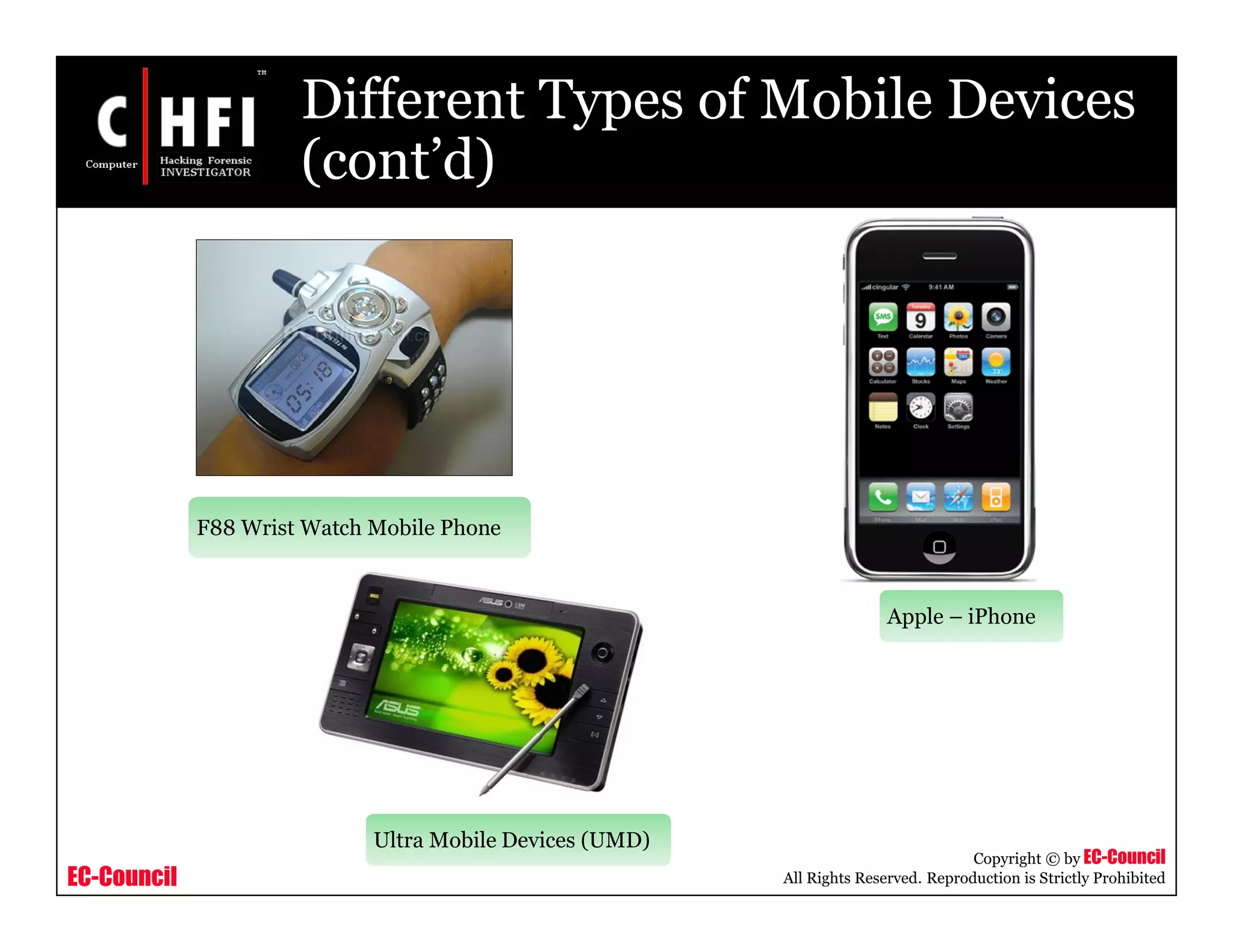 EC-Council
Copyright © by EC-Council
All Rights Reserved. Reproduction is Strictly Prohibited
Different Types of Mobile Devices
(cont’d)
F88 Wrist Watch Mobile Phone
Apple – iPhone
Ultra Mobile Devices (UMD)
 