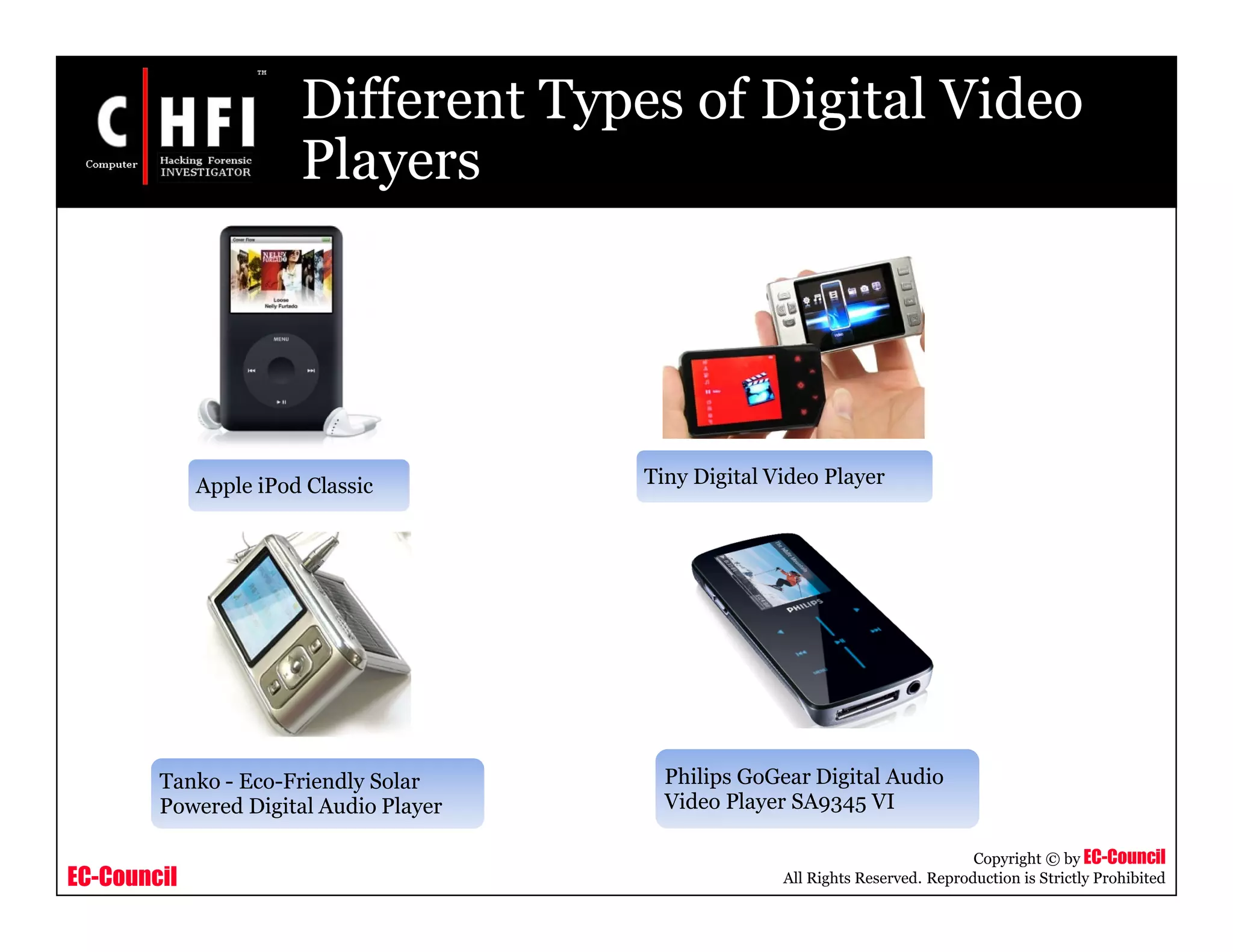 EC-Council
Copyright © by EC-Council
All Rights Reserved. Reproduction is Strictly Prohibited
Different Types of Digital Video
Players
Apple iPod Classic Tiny Digital Video Player
Tanko - Eco-Friendly Solar
Powered Digital Audio Player
Philips GoGear Digital Audio
Video Player SA9345 VI
 