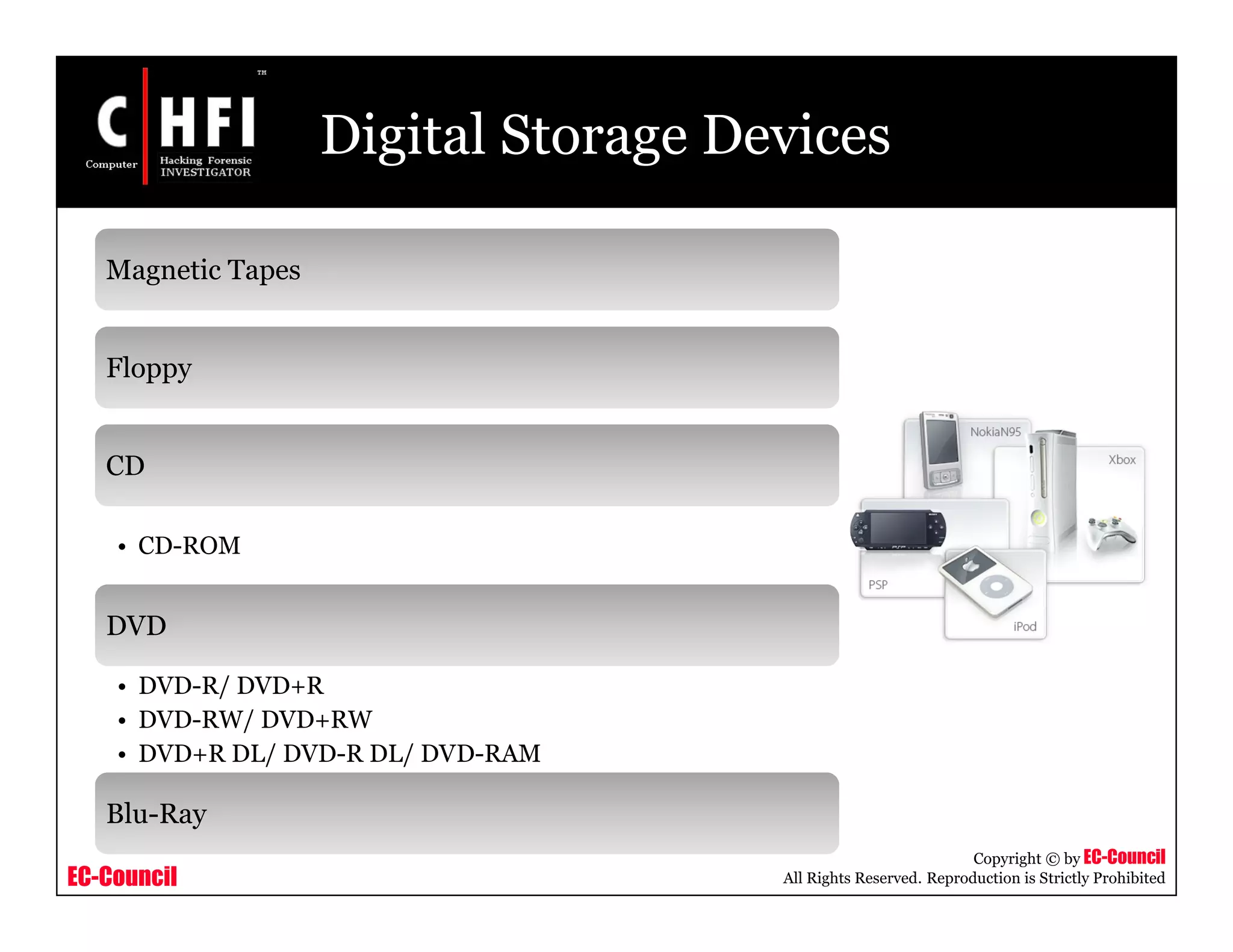 EC-Council
Copyright © by EC-Council
All Rights Reserved. Reproduction is Strictly Prohibited
Digital Storage Devices
Magnetic Tapes
Floppy
CD
• CD-ROM
DVD
• DVD-R/ DVD+R
• DVD-RW/ DVD+RW
• DVD+R DL/ DVD-R DL/ DVD-RAM
Blu-Ray
 