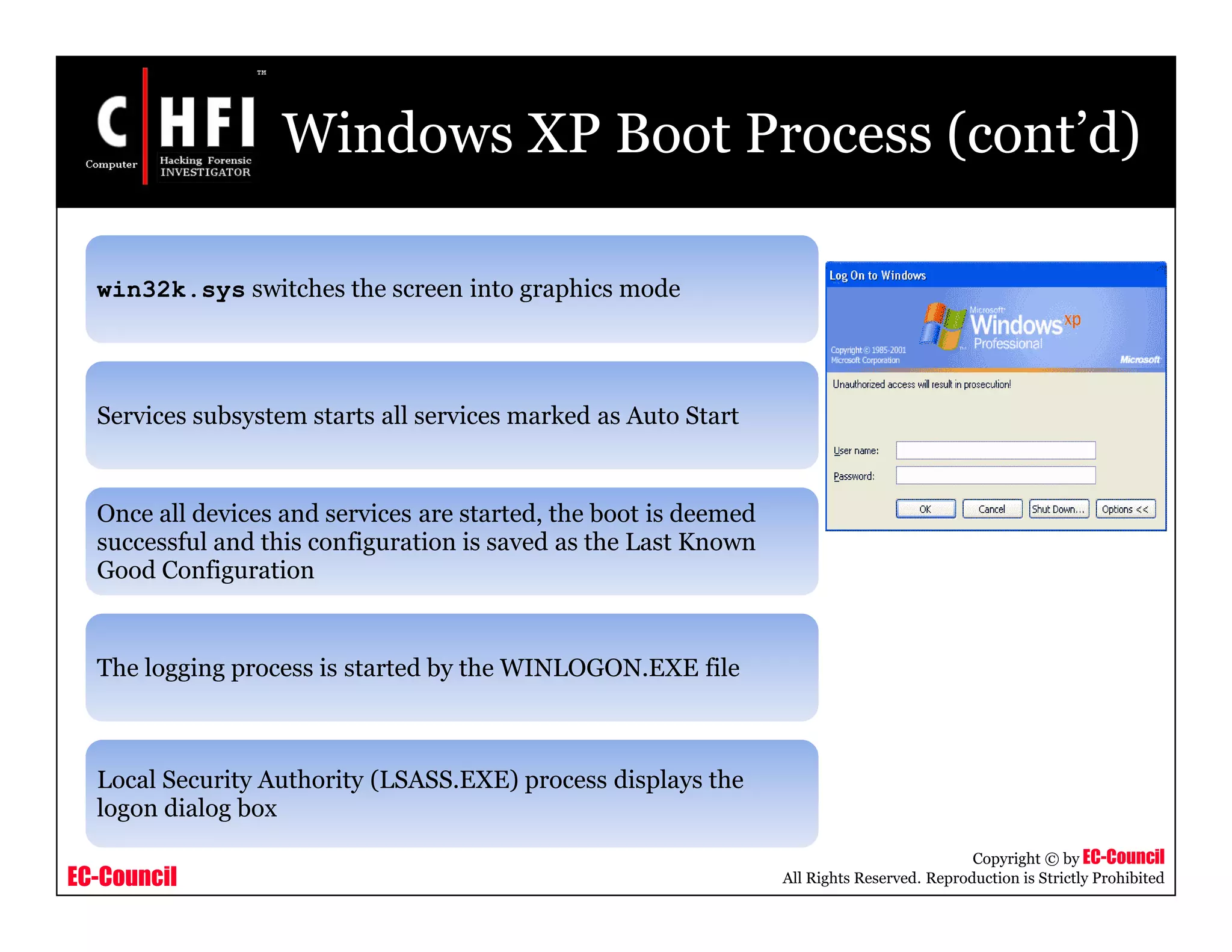 EC-Council
Copyright © by EC-Council
All Rights Reserved. Reproduction is Strictly Prohibited
Windows XP Boot Process (cont’d)
win32k.sys switches the screen into graphics mode
Services subsystem starts all services marked as Auto Start
Once all devices and services are started, the boot is deemed
successful and this configuration is saved as the Last Known
Good Configuration
The logging process is started by the WINLOGON.EXE file
Local Security Authority (LSASS.EXE) process displays the
logon dialog box
 