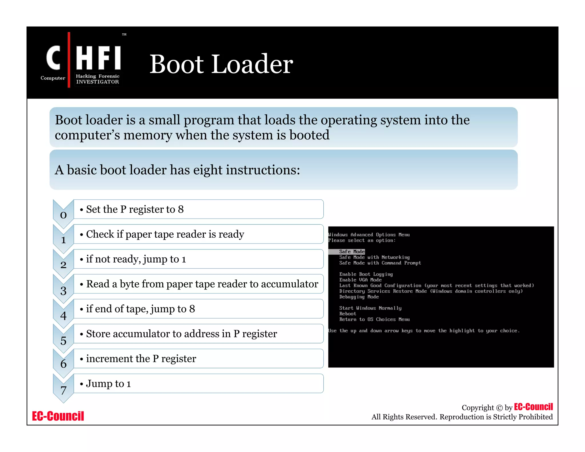 EC-Council
Copyright © by EC-Council
All Rights Reserved. Reproduction is Strictly Prohibited
Boot Loader
Boot loader is a small program that loads the operating system into the
computer’s memory when the system is booted
A basic boot loader has eight instructions:
0 • Set the P register to 8
1 • Check if paper tape reader is ready
2 • if not ready, jump to 1
3 • Read a byte from paper tape reader to accumulator
4 • if end of tape, jump to 8
5 • Store accumulator to address in P register
6 • increment the P register
7 • Jump to 1
 