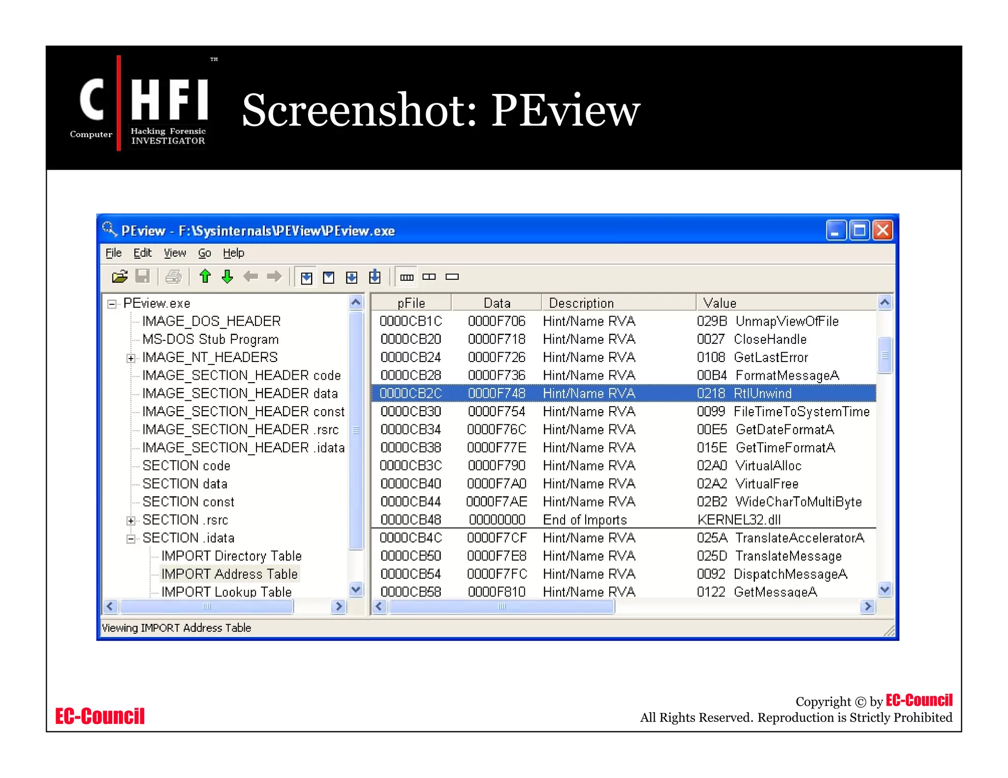 EC-Council
Copyright © by EC-Council
All Rights Reserved. Reproduction is Strictly Prohibited
Screenshot: PEview
 