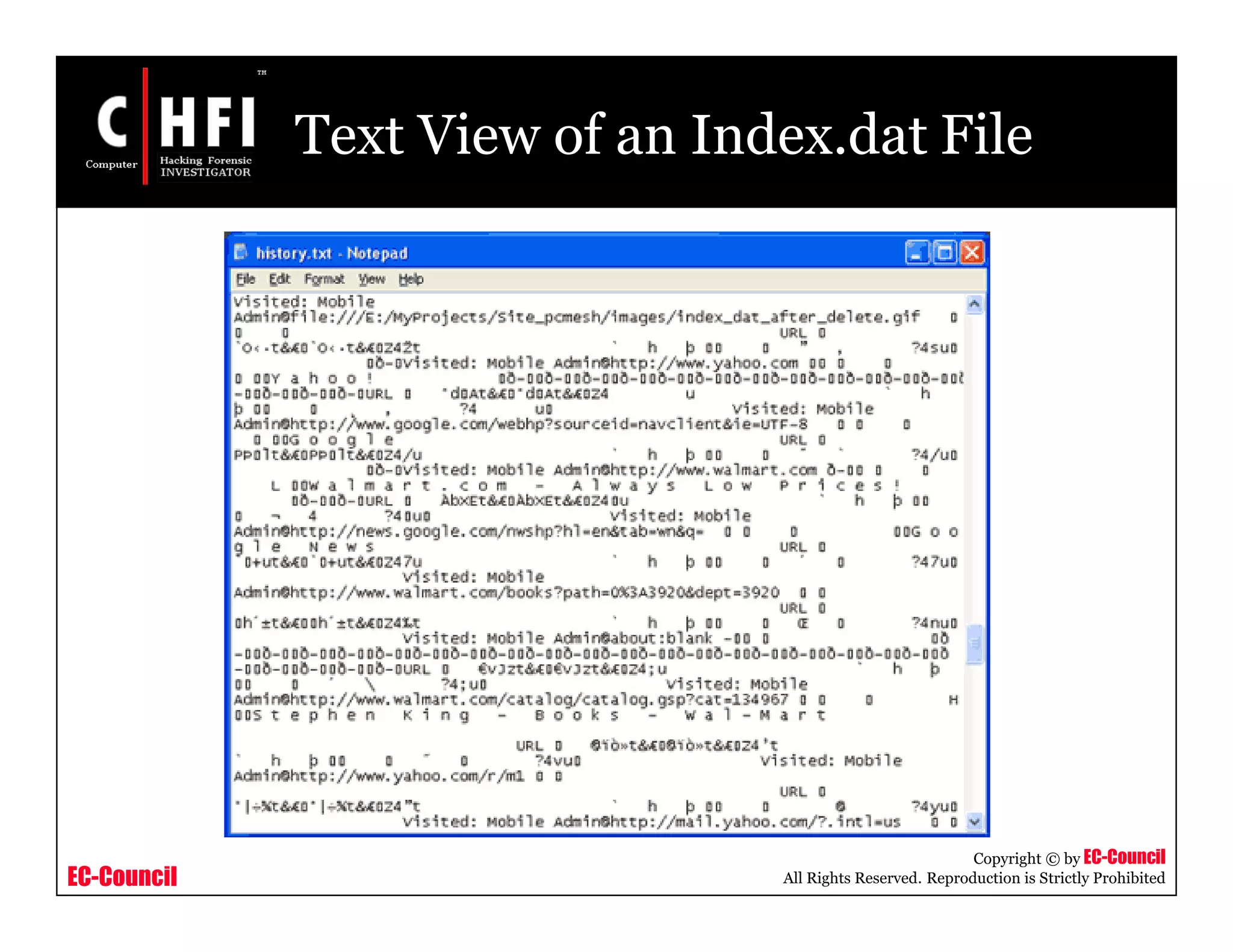 EC-Council
Copyright © by EC-Council
All Rights Reserved. Reproduction is Strictly Prohibited
Text View of an Index.dat File
 