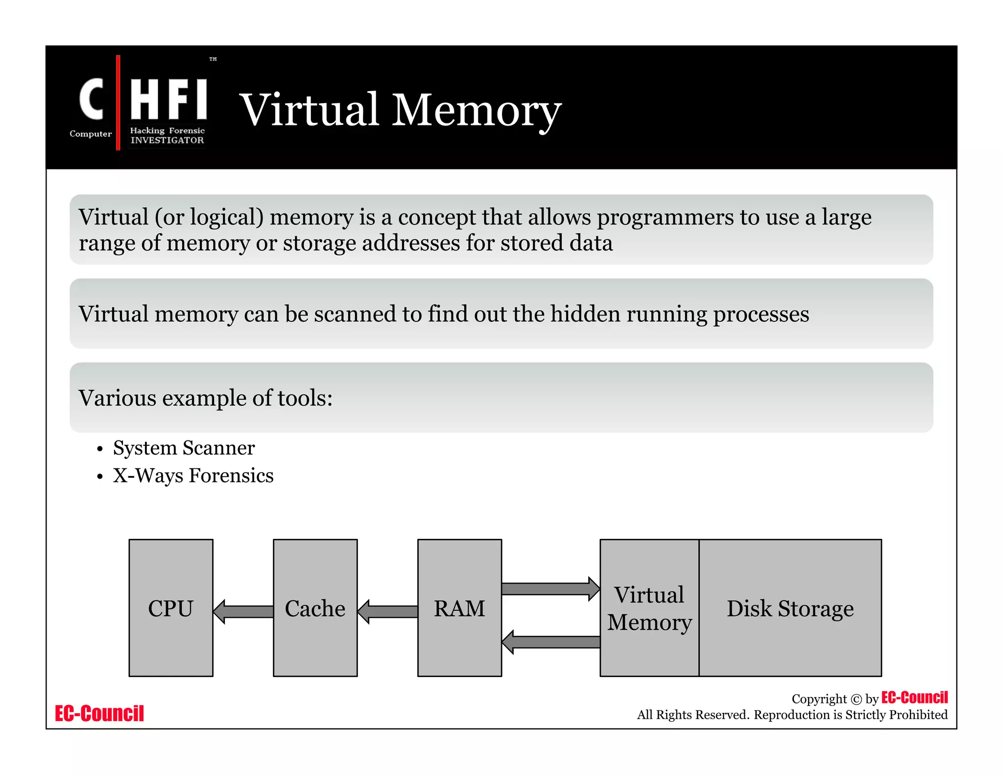 EC-Council
Copyright © by EC-Council
All Rights Reserved. Reproduction is Strictly Prohibited
Virtual Memory
Virtual (or logical) memory is a concept that allows programmers to use a large
range of memory or storage addresses for stored data
Virtual memory can be scanned to find out the hidden running processes
Various example of tools:
• System Scanner
• X-Ways Forensics
CPU Cache RAM
Virtual
Memory
Disk Storage
 