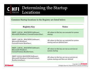 EC-Council
Copyright © by EC-Council
All Rights Reserved. Reproduction is Strictly Prohibited
Determining the Startup
Locations
Common Startup locations in the Registry are listed below:
Registry Key Notes
HKEY_LOCAL_MACHINESoftware
MicrosoftWindows CurrentVersionRun
All values in this key are executed at system
startup
HKEY_LOCAL_MACHINESoftware
MicrosoftWindows
CurrentVersionRunOnce
All values in this key are executed at system
startup and are deleted later
HKEY_LOCAL_MACHINESoftware
MicrosoftWindows
CurrentVersionRunServices
All values in this key are run as services at
system startup
HKEY LOCAL MACHINESoftware
MicrosoftWindows CurrentVersion
RunServicesOnce
All values in this key are run as services at
system startup and then are deleted
 