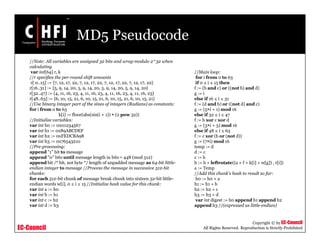 EC-Council
Copyright © by EC-Council
All Rights Reserved. Reproduction is Strictly Prohibited
MD5 Pseudocode
//Note: All variables are unsigned 32 bits and wrap modulo 2^32 when
calculating
var int[64] r, k
//r specifies the per-round shift amounts
r[ 0..15] := {7, 12, 17, 22, 7, 12, 17, 22, 7, 12, 17, 22, 7, 12, 17, 22}
r[16..31] := {5, 9, 14, 20, 5, 9, 14, 20, 5, 9, 14, 20, 5, 9, 14, 20}
r[32..47] := {4, 11, 16, 23, 4, 11, 16, 23, 4, 11, 16, 23, 4, 11, 16, 23}
r[48..63] := {6, 10, 15, 21, 6, 10, 15, 21, 6, 10, 15, 21, 6, 10, 15, 21}
//Use binary integer part of the sines of integers (Radians) as constants:
for i from 0 to 63
k[i] := floor(abs(sin(i + 1)) × (2 pow 32))
//Initialize variables:
var int h0 := 0x01234567
var int h1 := 0x89ABCDEF
var int h2 := 0xFEDCBA98
var int h3 := 0x76543210
//Pre-processing:
append "1" bit to message
append "0" bits until message length in bits ≡ 448 (mod 512)
append bit /* bit, not byte */ length of unpadded message as 64-bit little-
endian integer to message //Process the message in successive 512-bit
chunks:
for each 512-bit chunk of message break chunk into sixteen 32-bit little-
endian words w[i], 0 ≤ i ≤ 15 //Initialize hash value for this chunk:
var int a := h0
var int b := h1
var int c := h2
var int d := h3
//Main loop:
for i from 0 to 63
if 0 ≤ i ≤ 15 then
f := (b and c) or ((not b) and d)
g := i
else if 16 ≤ i ≤ 31
f := (d and b) or ((not d) and c)
g := (5×i + 1) mod 16
else if 32 ≤ i ≤ 47
f := b xor c xor d
g := (3×i + 5) mod 16
else if 48 ≤ i ≤ 63
f := c xor (b or (not d))
g := (7×i) mod 16
temp := d
d := c
c := b
b := b + leftrotate((a + f + k[i] + w[g]) , r[i])
a := Temp
//Add this chunk's hash to result so far:
h0 := h0 + a
h1 := h1 + b
h2 := h2 + c
h3 := h3 + d
var int digest := h0 append h1 append h2
append h3 //(expressed as little-endian)
 
